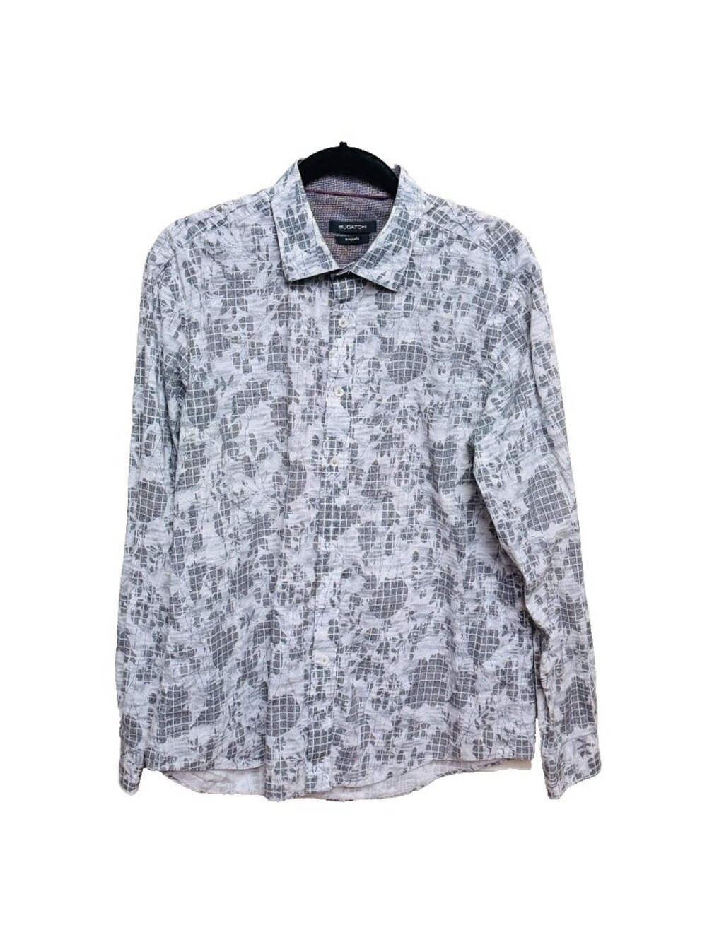 Bugatchi Long Sleeve Flip Cuff Shaped Fit Shirt Gray Floral Leaves Large